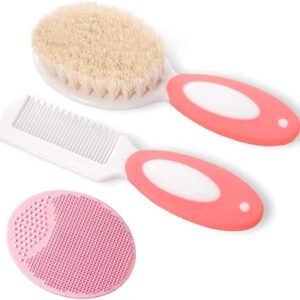 مجموعة فرش شعر بلاستيكية باسنان مستديرة مضادة للخدش وشعيرات ناعمة من السيليكون لتسريح الصغار والرضع وتقشير البشرة والتدليك 3 قطع لون زهري 1 ايفكرير