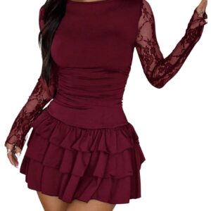 فستان للنساء بقصة ايه لاين بطبقات وكشكشة، فستان قصير بقبة مفتوحة إلى الكتفين مع دانتيل شفاف وأكمام طويلة، مناسب للحفلات من جورجليتر