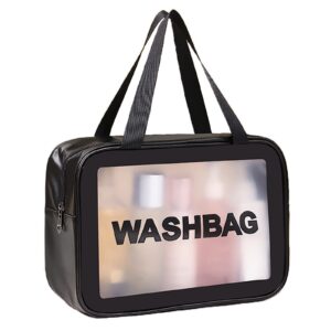 شنطة تنظيم مستحضرات التجميل الشفافة للسفر للنساء والرجال مع مقبض عملي وأقسام داخلية لحفظ الاكسسوارات وأدوات العناية الشخصية - مصنوعة من البلاستيك عالي الجودة - لون أسود غير لامع