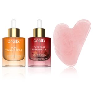 ادوات تدليك جوا شا وزيت الورد وسيروم فيتامين سي في مجموعة واحدة لتدليك الوجه وزيت وسيروم الوجه ومجموعة جوا شا المضادة للشيخوخة والتجاعيد والبقع الداكنة للعناية بالبشرة للنساء