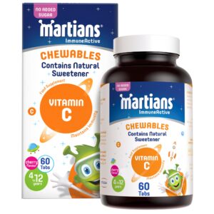 مارشينز أقراص للمضغ بفيتامين سي، 160 ملجم، 60 قرص فيتامين بدون سكر مضاف، فيتامينات بنكهة الكرز تدعم جهاز المناعة الصحي لدى الأطفال، مكمل غذائي نقي للأطفال