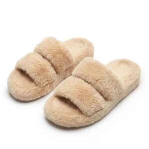 شبشب منزلي للنساء، شبشب داخلي مفتوح عند الأصابع من الفرو الصناعي مع نعل مضاد للانزلاق، شبشب مريح لغرفة النوم، هدية الشتاء من فازي هاوس