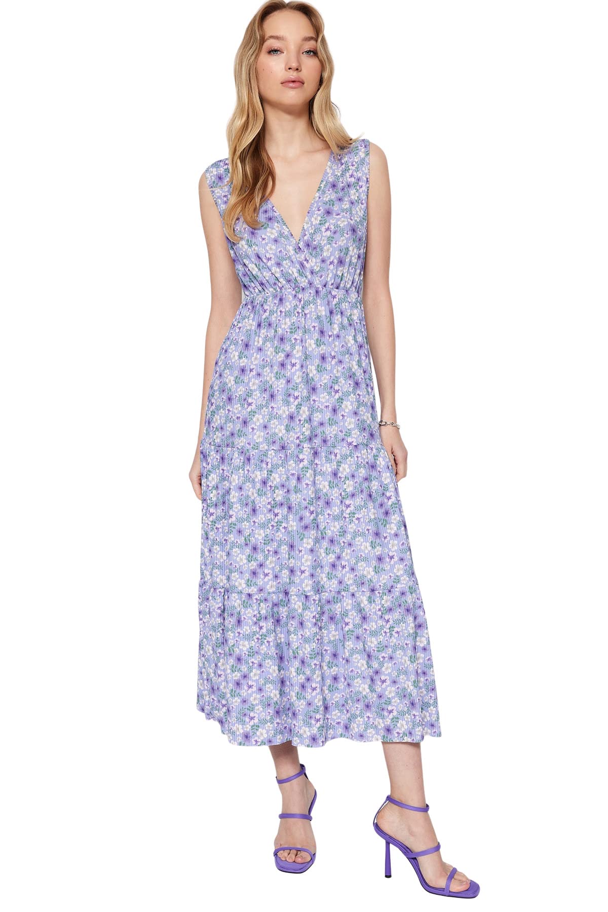 710VNLV7v4L فستان ماكسي TWOSS22EL1588 محبوك مشجر برقبة على شكل حرف V بدون أكمام وقصة ايه-لاين للنساء من ترينديول (عبوة من قطعة واحدة)