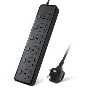 Power Board Individual Switches, 3M Extension Cord Power Strip with 5 AC Outlets, 2 USB A and 4 USB C PD30W Super Fast Charging, Wall Mount Surge Protector for Home Office Dorm (Black)