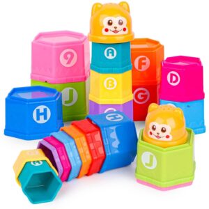 أكواب تكديس ملونة مع رأس دب - لعبة تنمية للأطفال الصغار - مجموعة أكواب تعليمية قابلة للتكديس - لعبة تعليمية ممتعة للأطفال بعمر 1-3 سنوات من كيدززون