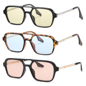 نظارات شمسية افياتور مسطحة بتصميم كلاسيكي بنمط السبعينيات للنساء والرجال، نظارات مربعة كلاسيكية للحماية من الاشعة فوق البنفسجية 400 من 3 قطع، ابيض