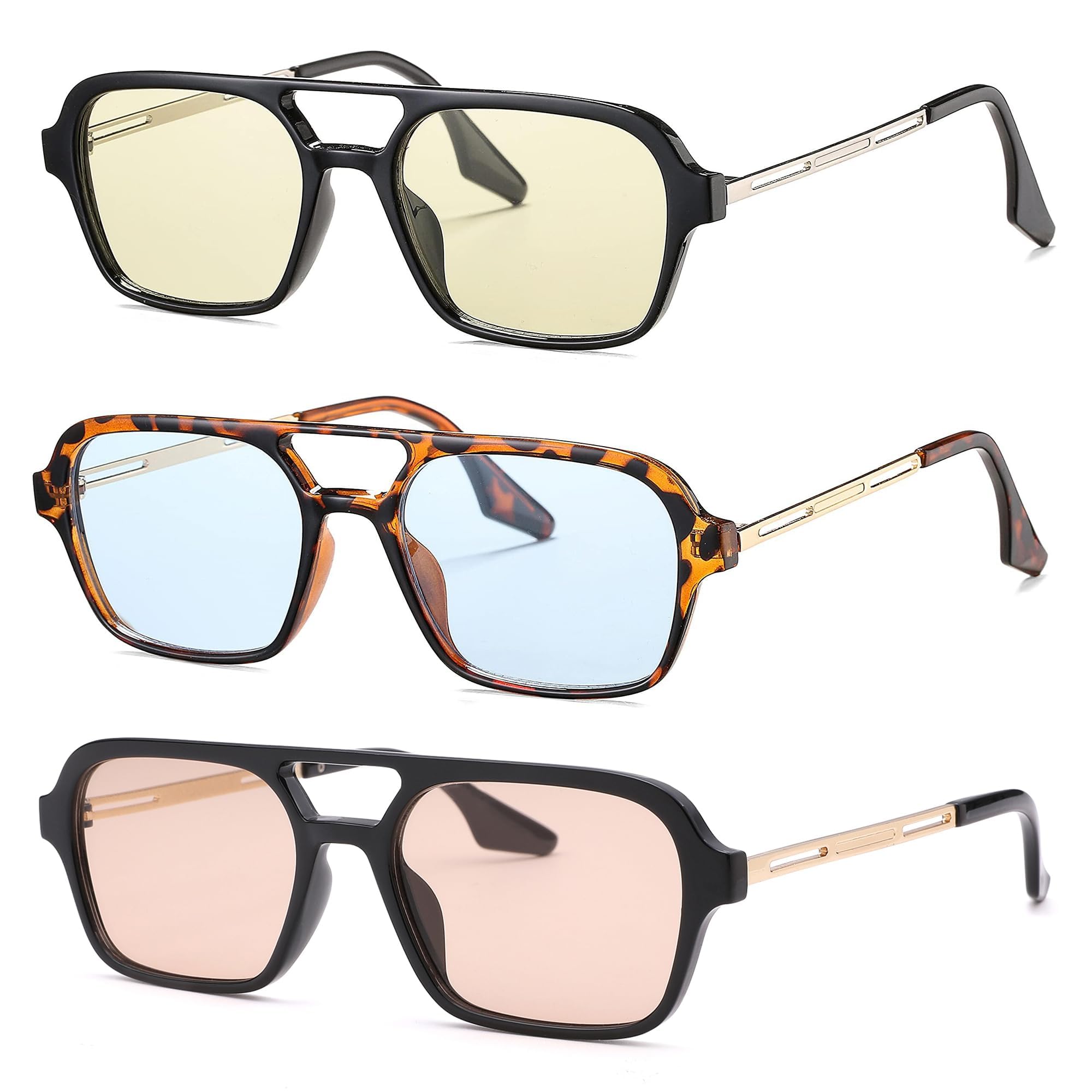 714GbYeZ-RL نظارات شمسية افياتور مسطحة بتصميم كلاسيكي بنمط السبعينيات للنساء والرجال، نظارات مربعة كلاسيكية للحماية من الاشعة فوق البنفسجية 400 من 3 قطع، ابيض