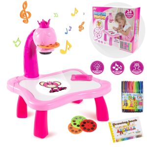 طاولة رسم من بروجكتر رسم للجنسين، مصنوعة من مادة ABS باللون الوردي، مناسبة للأطفال من عمر 3-10 سنوات. مزودة بإضاءة LED وميزات موسيقية مع خصائص أمان للأطفال