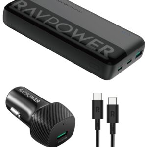 Ravpower PB1229 20W 20000mAh Power Bank with VC1017 Car Charger and CB1021 Type-C to Type-C Cable, Black
