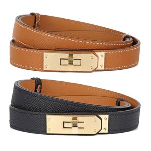 حزام جلد رفيع للنساء، أحزمة بإبزيم قفل دوار من خليط معدني مع إبزيم ذهبي وفضي، أحزمة خصر رفيعة قابلة للتعديل للنساء للجينز والفساتين والسراويل والمعاطف من قطعتين من الميكاكوز