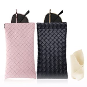 حافظة نظارات شمسية من جلد البولي يوريثين الناعم سهلة الفتح وخفيفة الوزن مع قطعتين من قماش التنظيف مضادة للخدش للنساء والرجال (اسود + بينك)