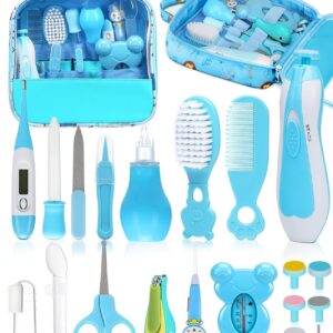 مجموعة العناية بالطفل، المكونة من 8 قطع مقلّمِة ومقص اظافر، اداة تنظيف الانف، فرشاة ومشط، ادوات الاستحمام الاساسية للعناية اليومية بالاطفال الرضع (مجموعة العناية بالطفل المكونة من 8 قطع، ازرق)