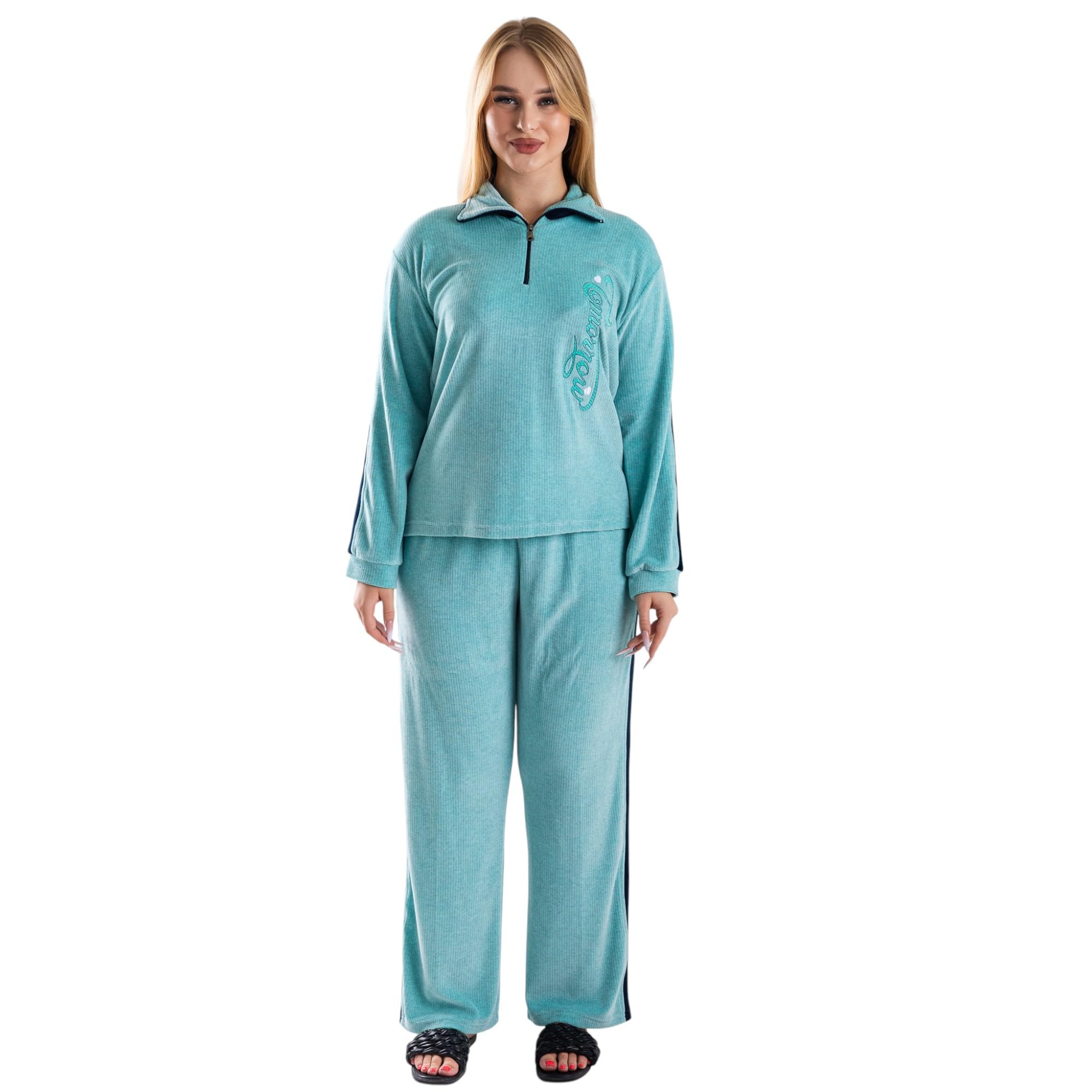 715YHhzH4GL طقم بيجامة قطيفة مطرزة للنساء | ملابس نوم شتوية مقاس كبير | بيجامة قطيفة مطرزة حريمي شتوي مقاسات كبيرة