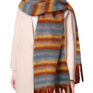 وشاح شتوي للنساء، اوشحة كبيرة مكتنزة منقوشة كبيرة الحجم سميكة وناعمة وشال شراشيب دافئة، خطوط برتقالية واحمر وازرق
