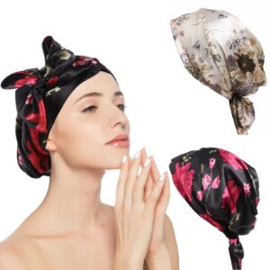 بونيه ساتان مع ربطة عنق من بوشين، غطاء شعر حريري بنمط زهور انيق، غطاء شعر حريري لكاب النوم مع اشرطة - قبعة ليلية حريرية للبنات والنساء (2 قطعة نمط 1)