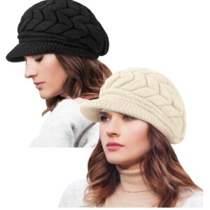 قبعات شتوية للنساء من قطعتين منسوجة دافئة مع حافة قابلة للتمدد مبطنة مخملية فضفاضة حماية الشمس والرياح هدايا مثالية - تناسب محيط الرأس 21.7 الى 25.6 انش اسود بيج