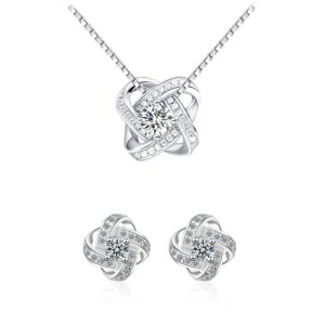 مجموعة مجوهرات انيقة من الكريستال بتصميم عقدة الحب للنساء سينسيب - طقم هدايا مكون عقد واقراط مرصعة بالفضة الاصلية مادة امنة لا تسبب الحساسية مع صندوق فاخر A فضي