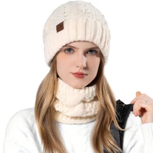 طقم قبعة صغيرة ووشاح شتوي للنساء، مجموعة قبعة محبوكة دافئة، قبعة ووشاح وقبعة شتوية سميكة للتدفئة للرقبة مبطنة بالصوف الناعم قابلة للتمدد، هدية شتوية للسيدات (ابيض ميلكي)