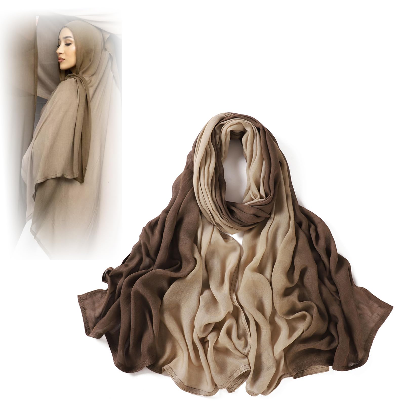 719Mxs9yxCL وشاح حجاب للنساء المسلمات خفيف الوزن متدرج اللون من ويسفنلي، اوشحة حجاب طويلة