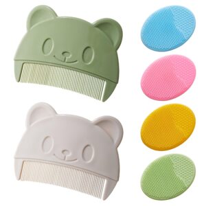 مجموعة فرشاة استحمام الطفل وقبعة المهد مع مشطين على شكل دب - فرشاة شعر الطفل من السيليكون، مدلك فروة الرأس وتنظيف البشرة لحديثي الولادة والبشرة الجافة (5 قطع)