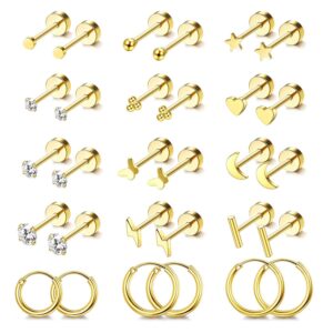 اقراط من الستيل الجراحي مضادة للحساسية للاذن الحساسة مرصعة بظهر مسطح الذهب عيار 14 قيراط حلقة صغيرة الستانلس ستيل مع ظهر لولبي مثالية للثقب المتعدد للنساء والرجال تيريفي