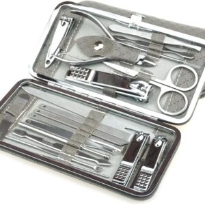 مجموعة مانيكير وباديكير من الفولاذ المقاوم للصدأ، مع قصافة اظافر وأدوات الزوائد اللحمية وملاقيط ومقص وأدوات العناية بالأذن، شنطة سفر للرجال والنساء، 19 قطعة