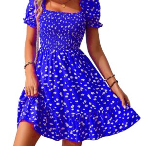 فستان قصير ايه لاين من القطن باكمام قصيرة مطبوع عليه زهور صيفي من للعطلات والشاطئ ووصيفة العروس ازرق من جوليا ستور للنساء