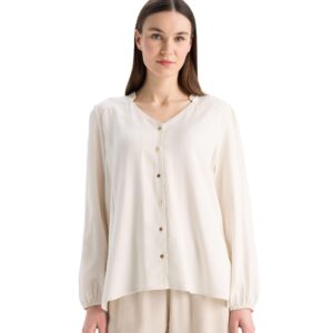 ديفاكتو قميص نسائي تقليدي بقصة عادية وقبة C واكمام طويلة منسوج (عبوة من قطعة واحدة)