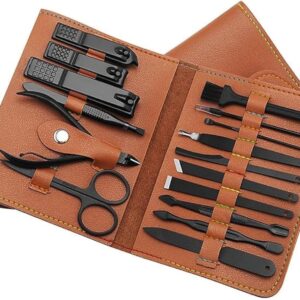 مجموعة العناية بالاظافر الاحترافية 16 في 1 من حبا | مقص اظافر من الستانلس ستيل | ادوات العناية بالاظافر مع حافظة فاخرة | اساسيات مناسبة للسفر | (بني)