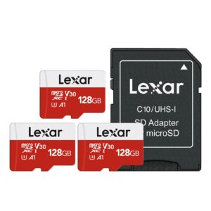 Lexar E-Series 128GB Micro SD Card 3 Pack, microSDXC UHS-I Flash Memory Card with Adapter, 100MB/s, C10, U3, A1, V30, Full HD, 4K UHD, High Speed TF Card