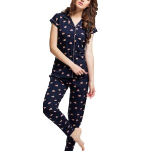 بدلة نوم LOTIK نسائية قطن أزرق داكن مطبوع عليها قلب كحلي 38