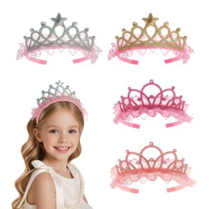شريط راس بتصميم تاج الاميرة اللامع للفتيات من 4 قطع، اطواق شعر لامعة باللون الزهري، اكسسوارات شعر للاطفال والبالغين وحفلات اعياد الميلاد والكرنفالات بلون زهري وابيض وذهبي