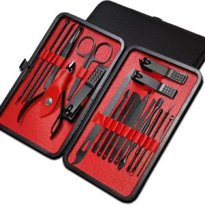 مجموعة مانيكير، مجموعة قص أظافر من الفولاذ المقاوم للصدأ وأدوات العناية بالقدمين للرجال والنساء والعناية الاحترافية بالأظافر والحواجب والأذنين مع حقيبة سفر محمولة (لون أسود وأحمر)