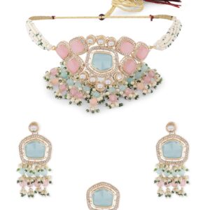 زافيري بيرلز طقم عقد واقراط وخاتم مرصع باحجار كوندان تركواز وازرق وزهري للنساء - ZPFK16582