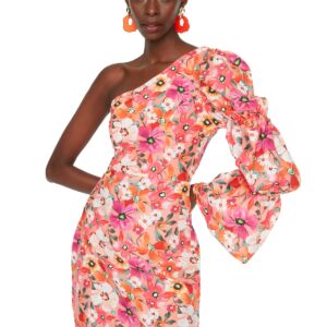 ترنديول فستان سهرة قصير انيق من قماش البوبلين المنسوج ومبطن بنقشة زهور للنساء بلون برتقالي TPRSS22EL1280 (عبوة من قطعة واحدة)