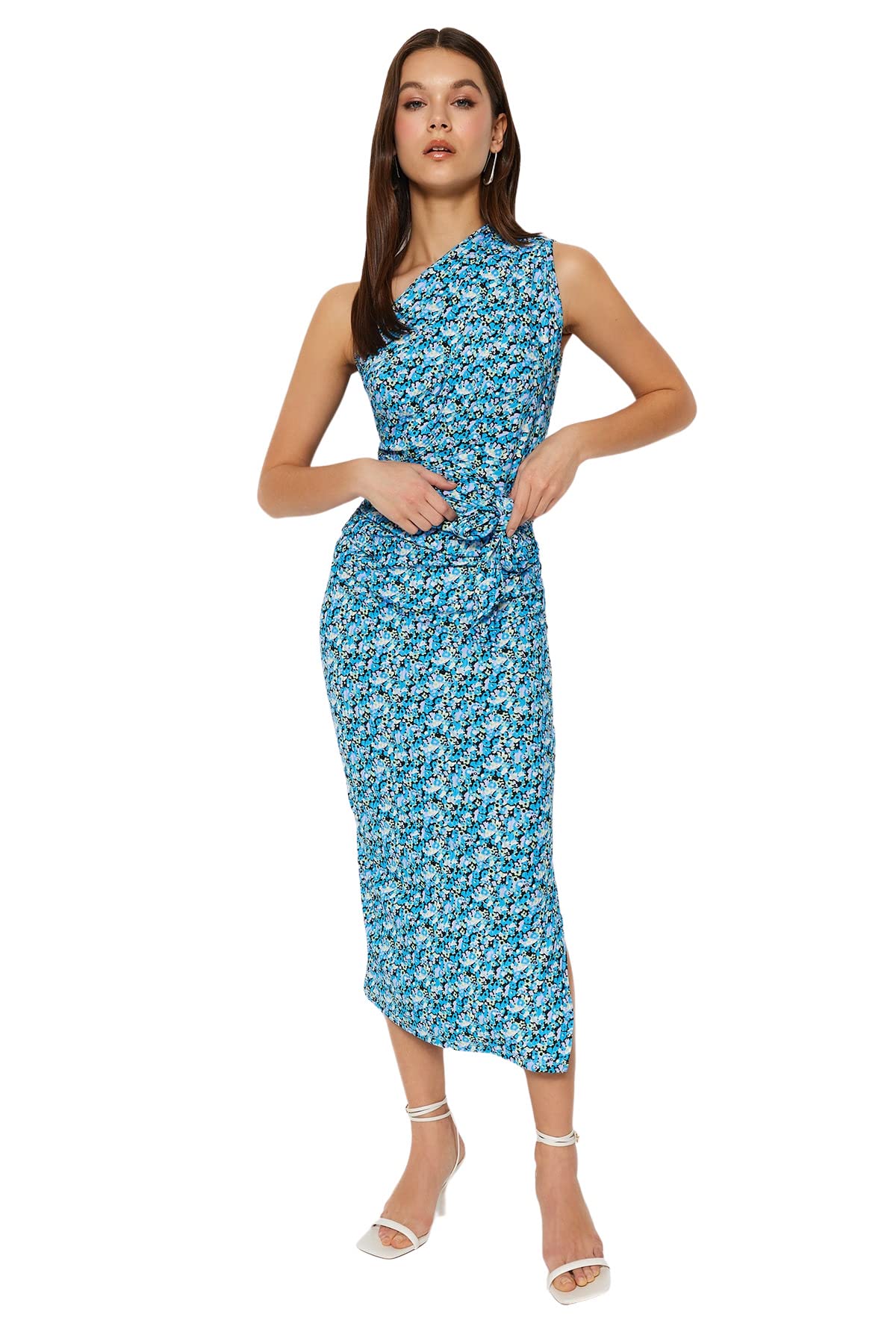 71JgoDi2EIL ترنديول فستان ضيق محبوك بكتف واحد مزين بتفاصيل مكشكش�� غير متماثلة للنساء TWOSS23EL02182 (عبوة من قطعة واحدة)