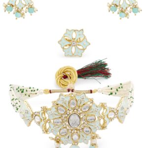 زافيري بيرلز طقم قلادة وخاتم كوندان متعدد الخيوط للنساء من ميناكاري - ZPFK13655, قياس واحد, معدن, لؤلؤة، تركواز