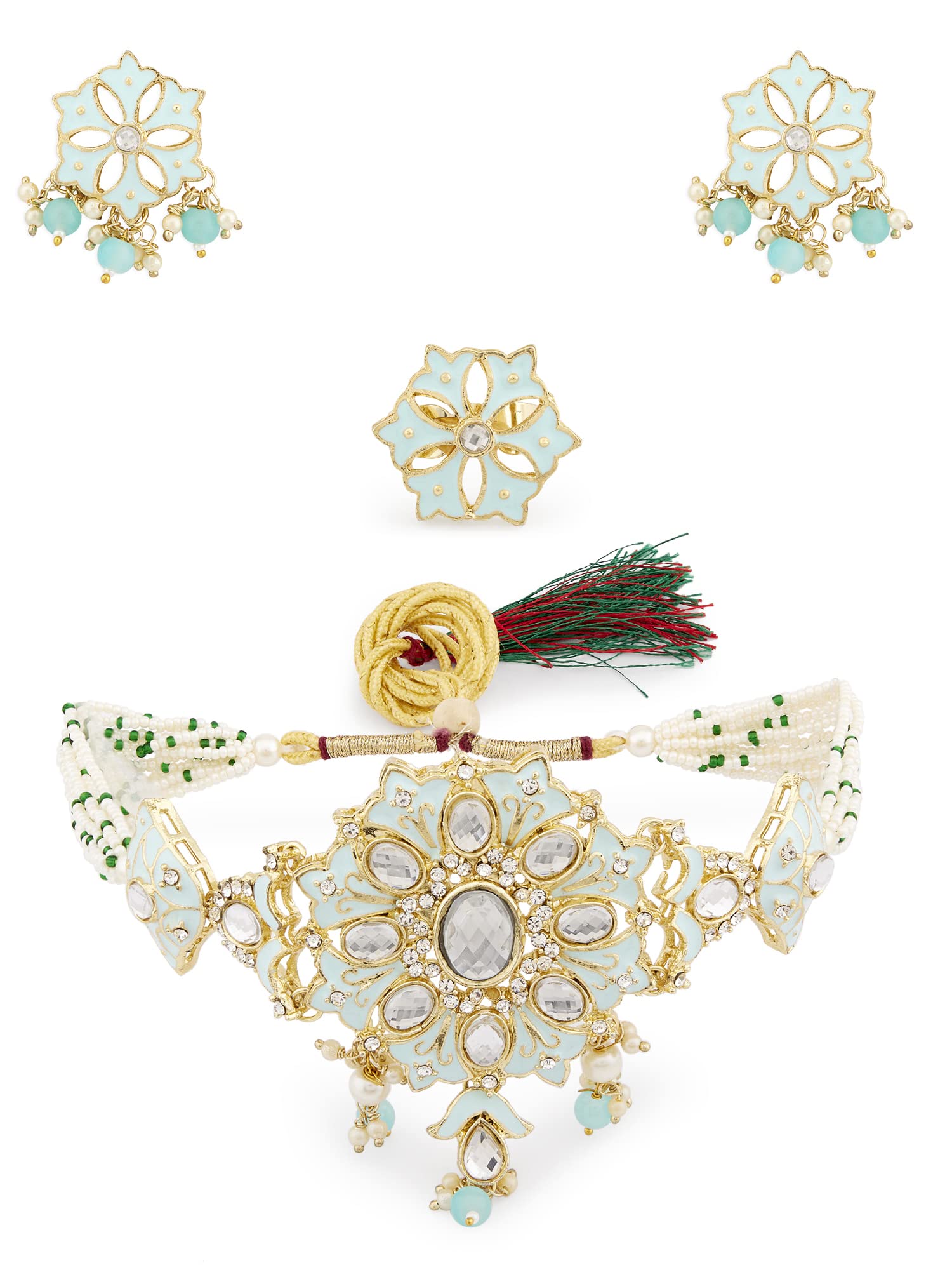 71JxpeKm6oL زافيري بيرلز طقم قلادة وخاتم كوندان متعدد الخيوط للنساء من ميناكاري - ZPFK13655, قياس واحد, معدن, لؤلؤة، تركواز