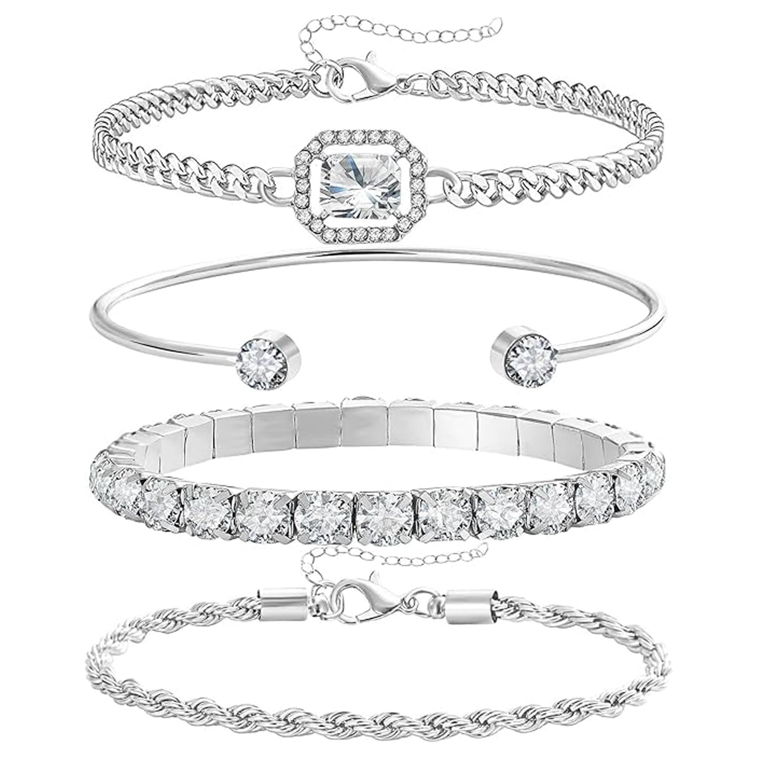 71KW8mhfanL إسورة من انيوان للنساء، مصنوعة من السبيكة المطلية بالفضة مع زركونيا مكعب، بلون فضي وتصميم كلاسيكي عصري، مقاس موحد