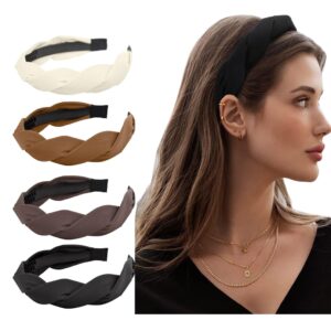 4 قطع من ربطات الشعر المضفرة للنساء من تزويق، عصابة راس عريضة غير قابلة للانزلاق للتصفيف والنزهات والارتداء اليومي (ابيض، بني، اسود، رمادي)