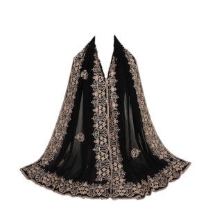 وشاح حجاب اسلامي للنساء، شيفون اسود مع تطريز زهور ذهبية، شال شرق أوسط تقليدي، 70 × 190 سم