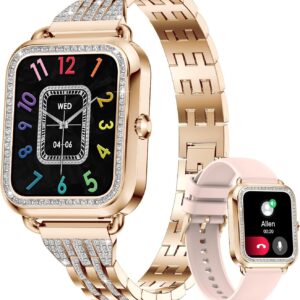 Smart Watches for Women(Answer/Make Call), 1.59" Diamond Watchs with Fitness Tracker/AI Voice Control/100+ Sport Modes/IP68 Waterproof /Heart Rate Sleep Monitor/ for Android iOS, Rose Gold (2 Strap)