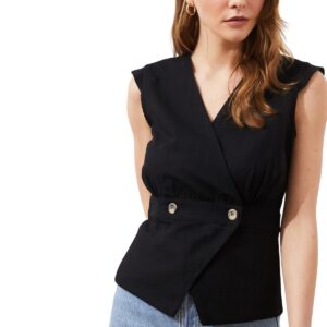 ترنديول بلوزة منسوجة مزدوجة الصدر بتفاصيل عظمة سوداء للنساء TWOSS20BZ0707 (عبوة من قطعة واحدة)