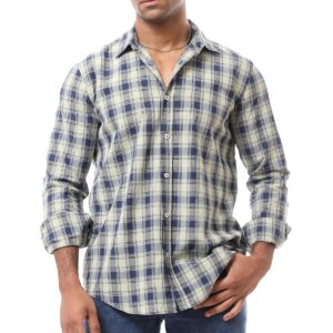 قميص كاروهات من ريفين بلونين أزرق كحلي وزيتي وقصة عادية للرجال، مقاس اكس سمول XS