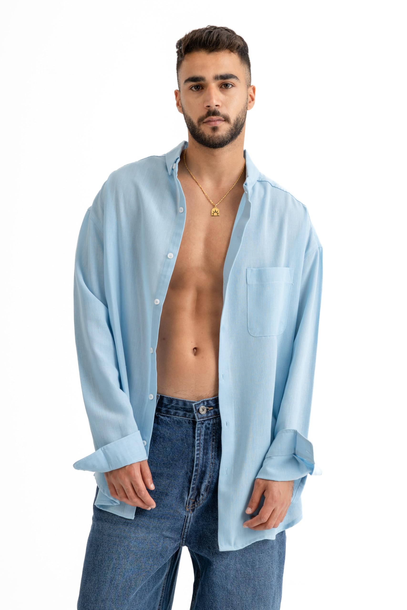 71P5Bmxa0yL قميص رجالي بقصة عادية مصنوع من الكتان بأكمام طويلة وتصميم حديث استك عبوة قطعة واحدة