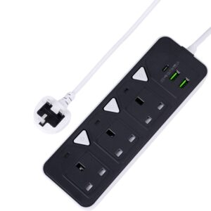 Powermax 6-in-1 Socket Extension Plug With 3 Outlets, 2 USB Ports & 1 PD Type-C | 3.4A Auto Charging |,2500W Power Strip| 3m Cord | Multi-Plug Board, Heavy-Duty Extension Cord – Fast Charging