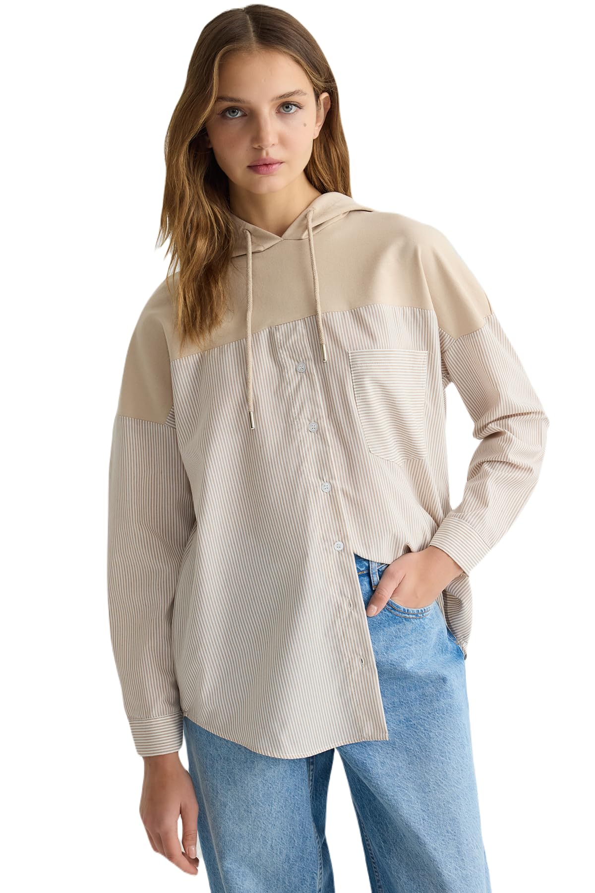 71RqnyS4yWL ترنديول بلوزة طويلة محبوكة مخططة مقاس كبير للنساء TCTSS25UK00003