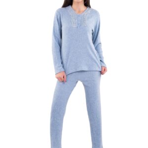 طقم بيجامة نسائية مريحة، تصميم أنيق مع تطريز دانتيل، أكمام طويلة، بيجامة شتوية صوف ناعم دافئة - بيجامة شتوية للنساء لتتمتع بالطقس الشتوي - طقم بيجامة شتوي حريمي