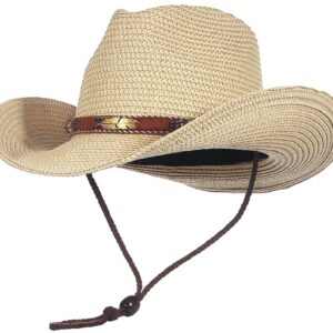 قبعة كاوبوي من القش للرجال والنساء من ازوني، قبعة شمس غربية قابلة للتعديل بحافة عريضة قابلة للتعديل مع حبل مقاوم للرياح للشاطئ في الهواء الطلق والصيف وركوب الخيل والعطلات