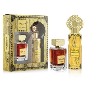 مجموعة هدايا عطور عربية للرجال والنساء من ماي بيرفيومز بخلاصة العود والخشب إصدار ذهبي عبوتين 100 مل او دو برفان و200 عطر بخاخ